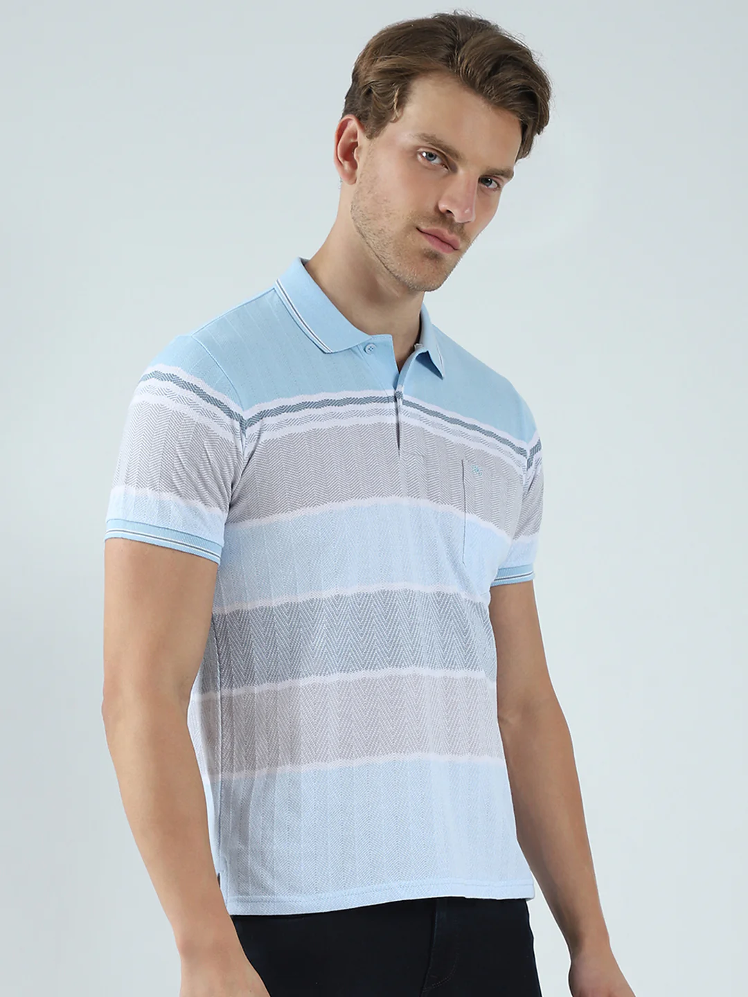 Men Blue Stripe Collar Half Sleeve T-Shirt - Image 4