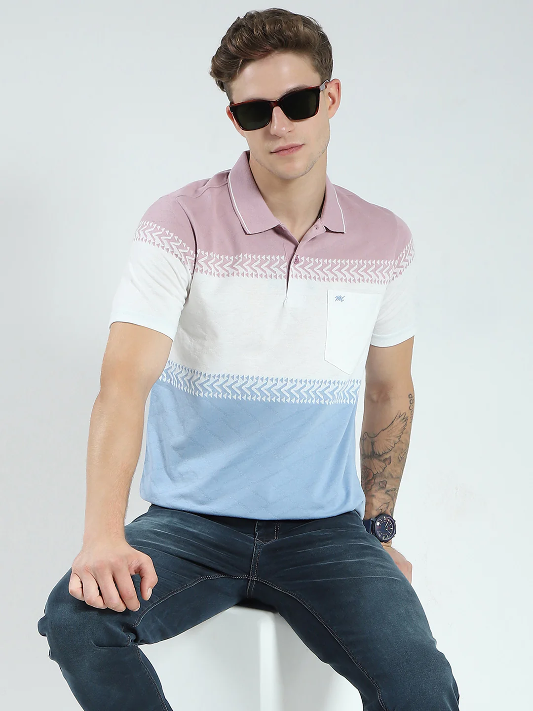 Men Blue Stripe Collar Half Sleeve T-Shirt - Image 6