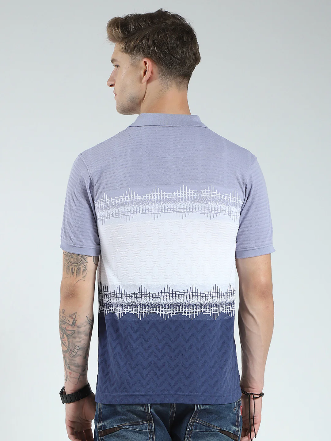 Men Blue Stripe Collar Half Sleeve T-Shirt - Image 5