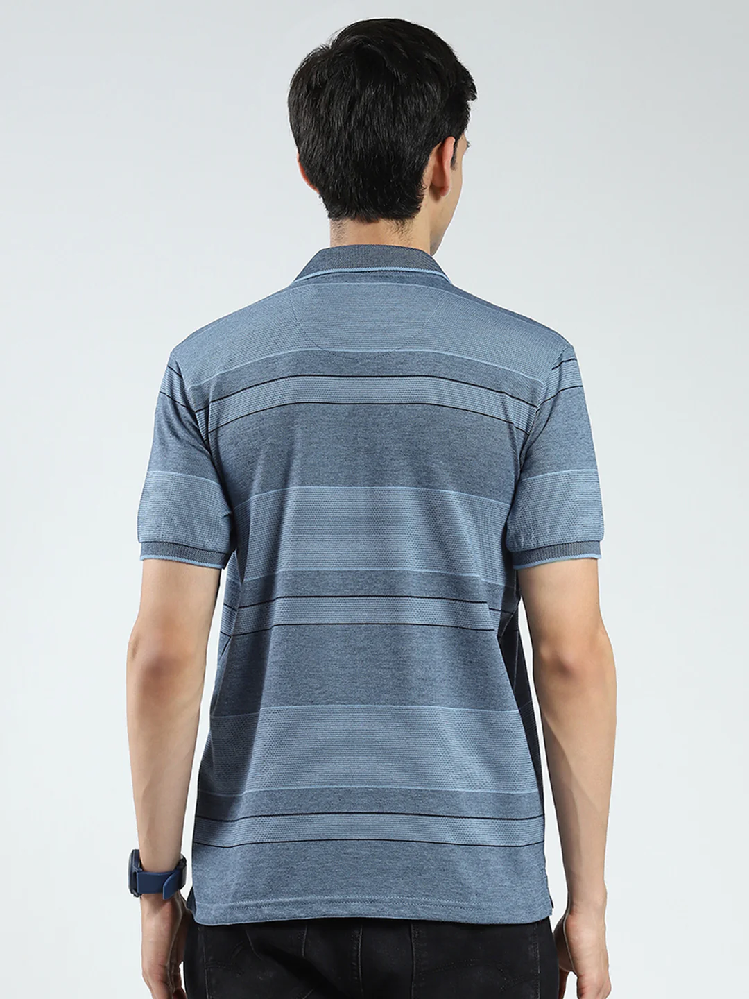 Men Blue Stripe Collar Half Sleeve T-Shirt - Image 5