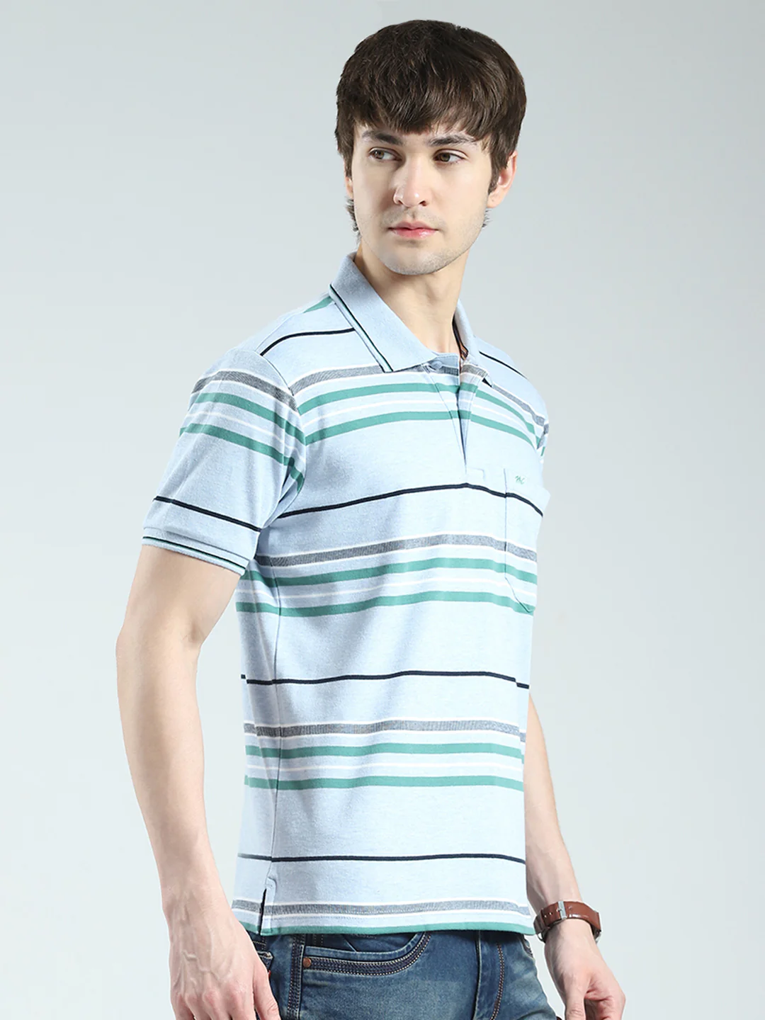 Men Blue Stripe Collar Half Sleeve T-Shirt - Image 4