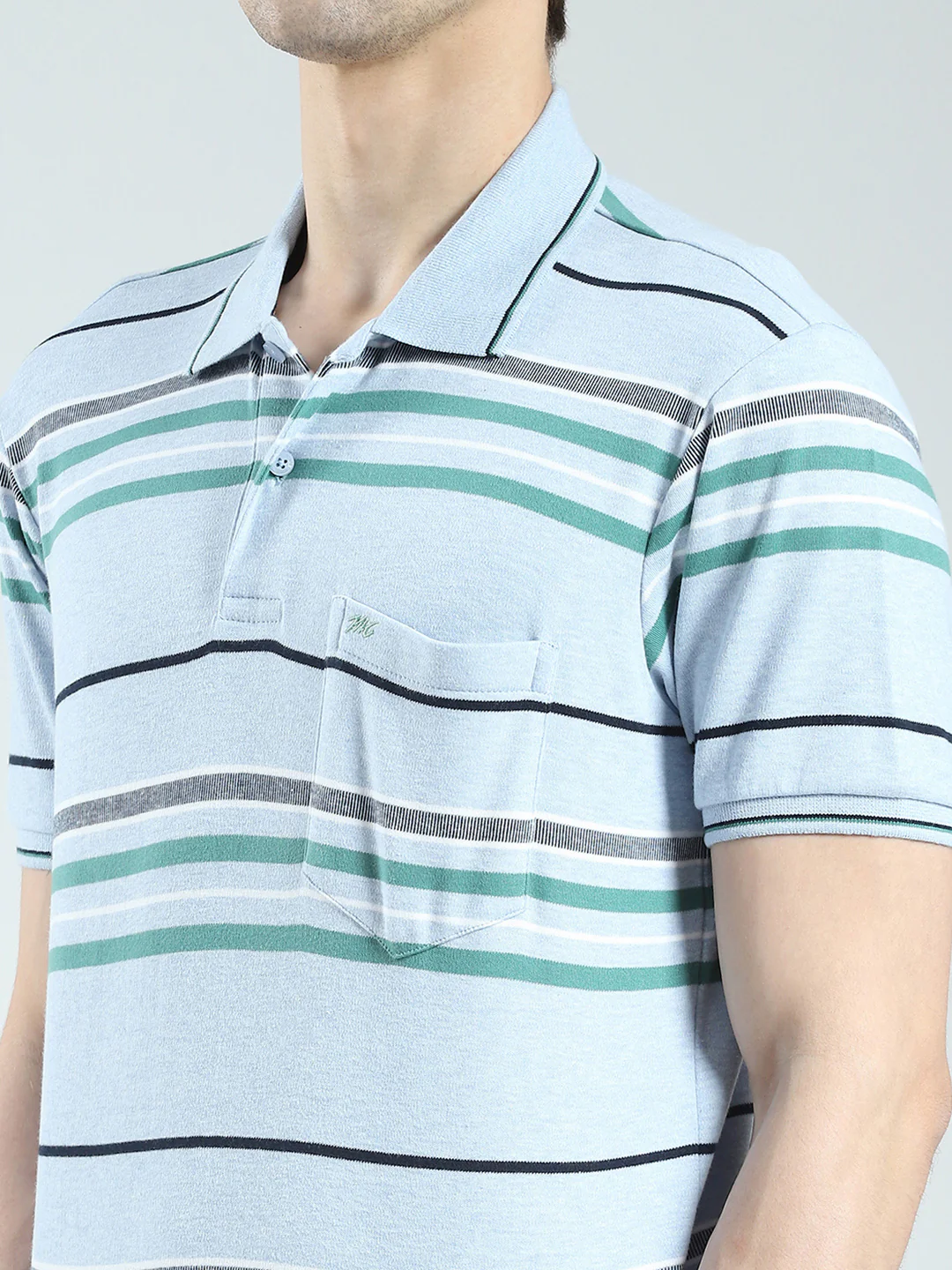 Men Blue Stripe Collar Half Sleeve T-Shirt - Image 7