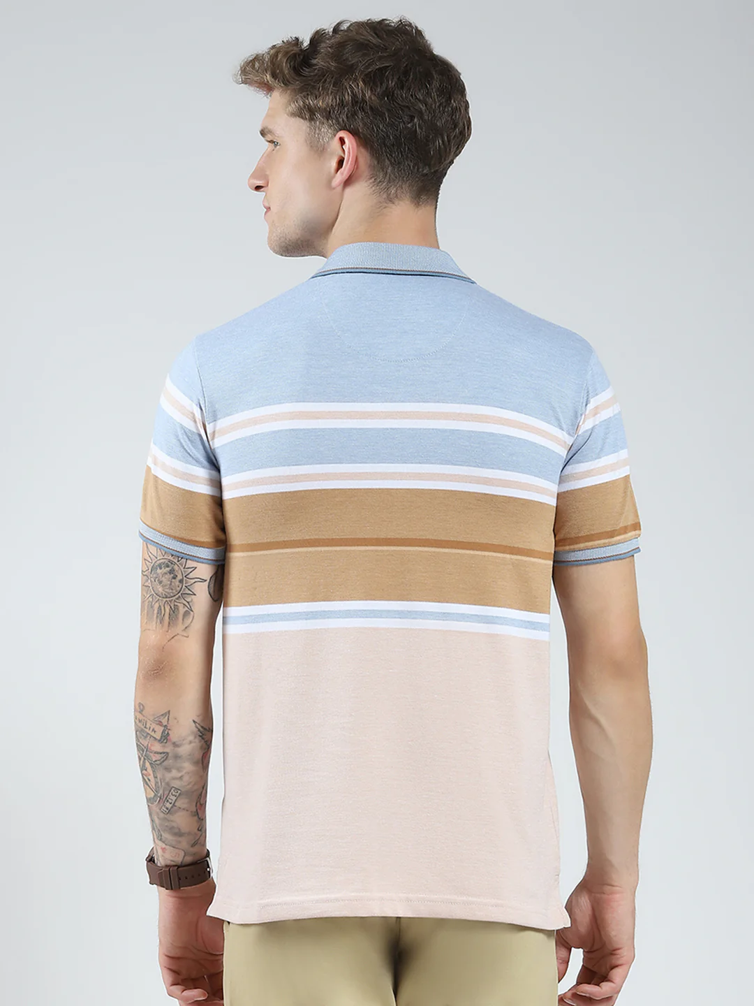 Men Blue Stripe Collar Half Sleeve T-Shirt - Image 5