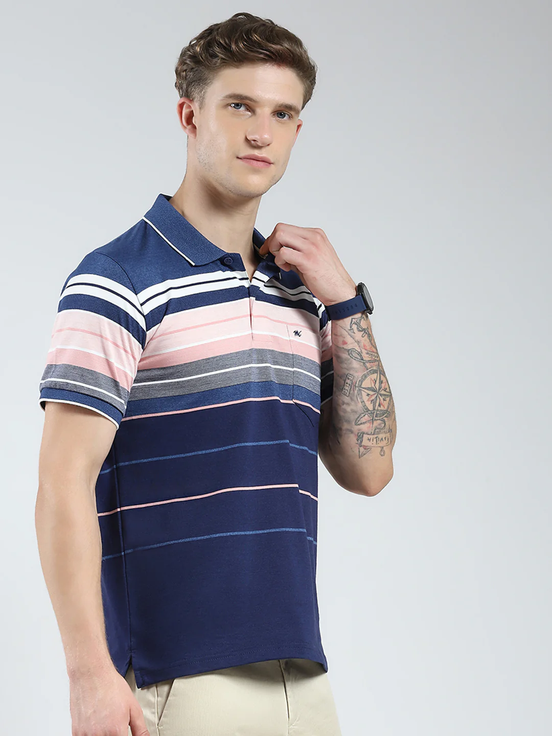 Men Blue Stripe Collar Half Sleeve T-Shirt - Image 4