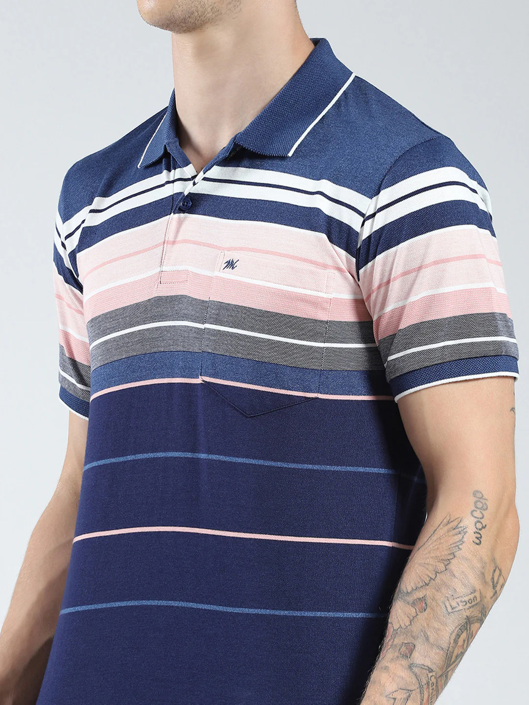 Men Blue Stripe Collar Half Sleeve T-Shirt - Image 6