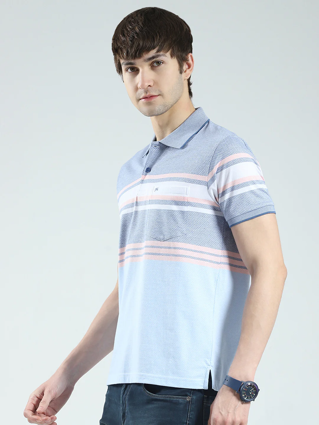 Men Blue Stripe Collar Half Sleeve T-Shirt - Image 3