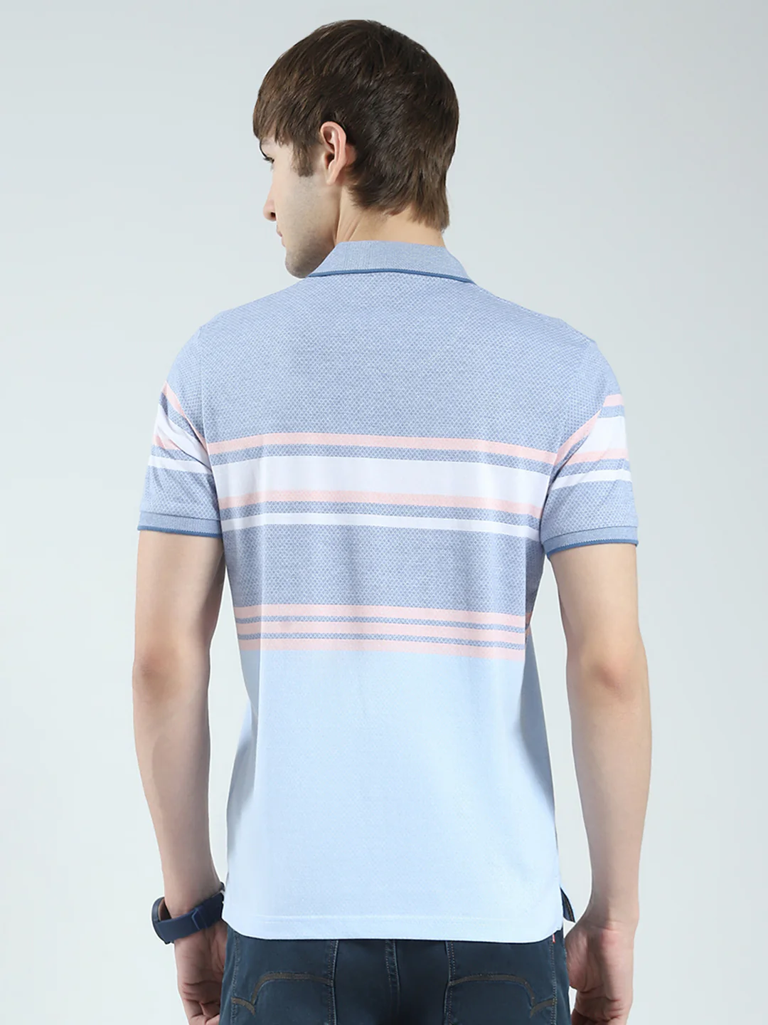 Men Blue Stripe Collar Half Sleeve T-Shirt - Image 5