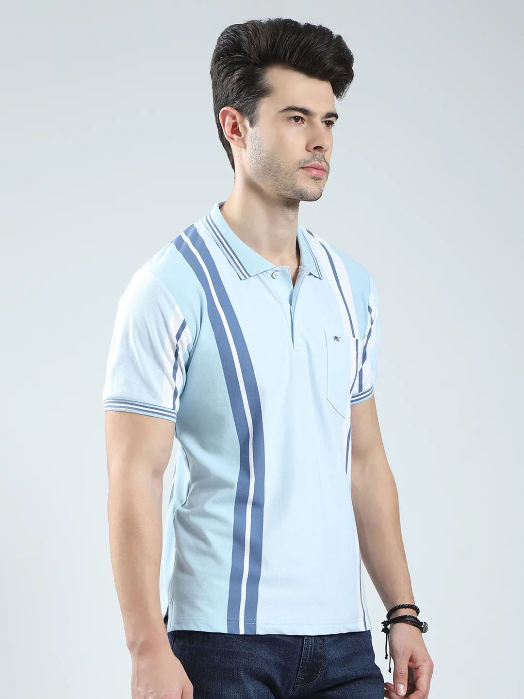Men Blue Stripe Collar Half Sleeve T-Shirt - Image 4