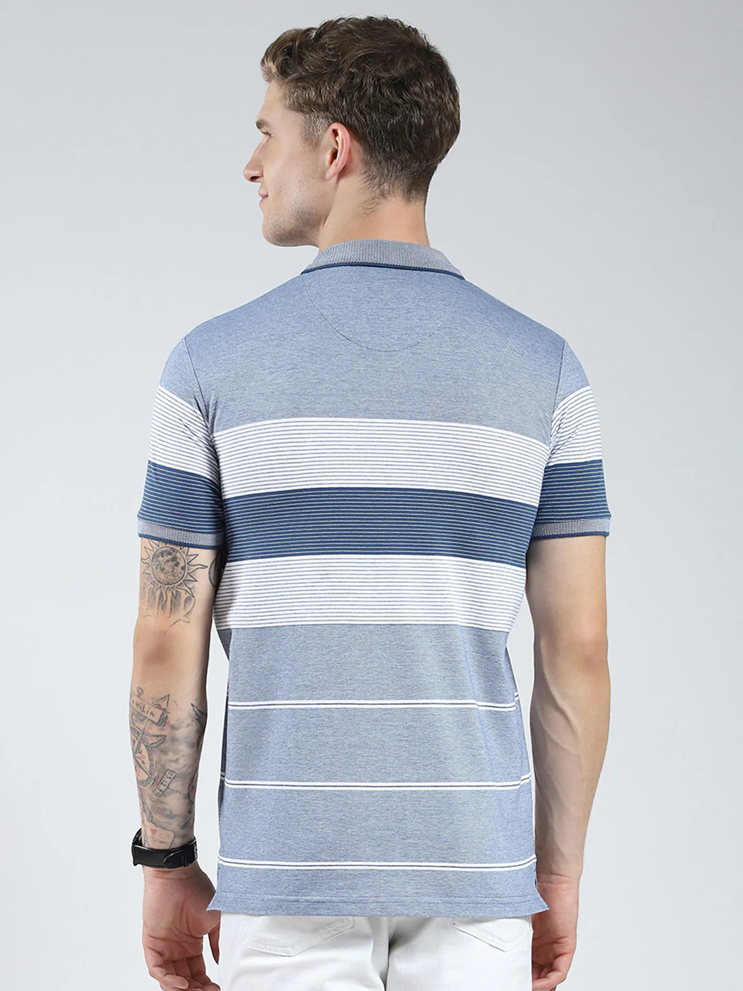Men Blue Stripe Collar Half Sleeve T-Shirt - Image 5