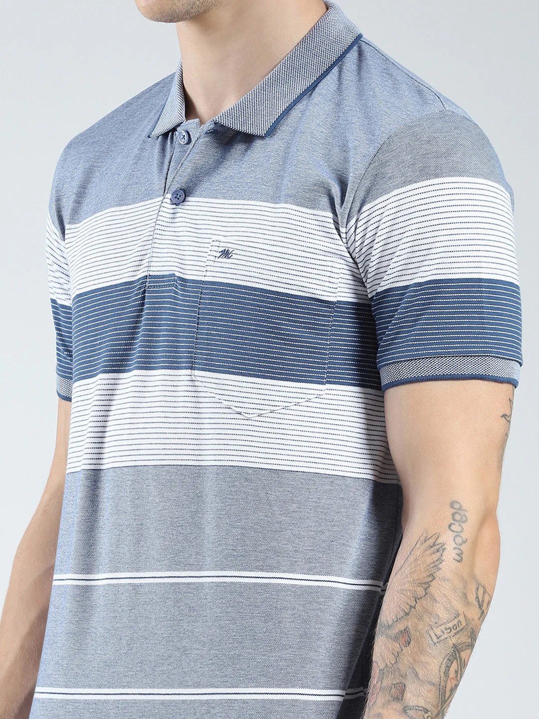 Men Blue Stripe Collar Half Sleeve T-Shirt - Image 6