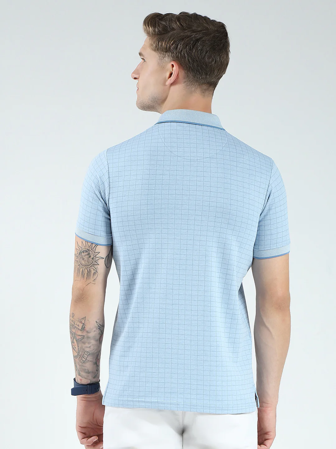Men Blue Stripe Collar Half Sleeve T-Shirt - Image 5