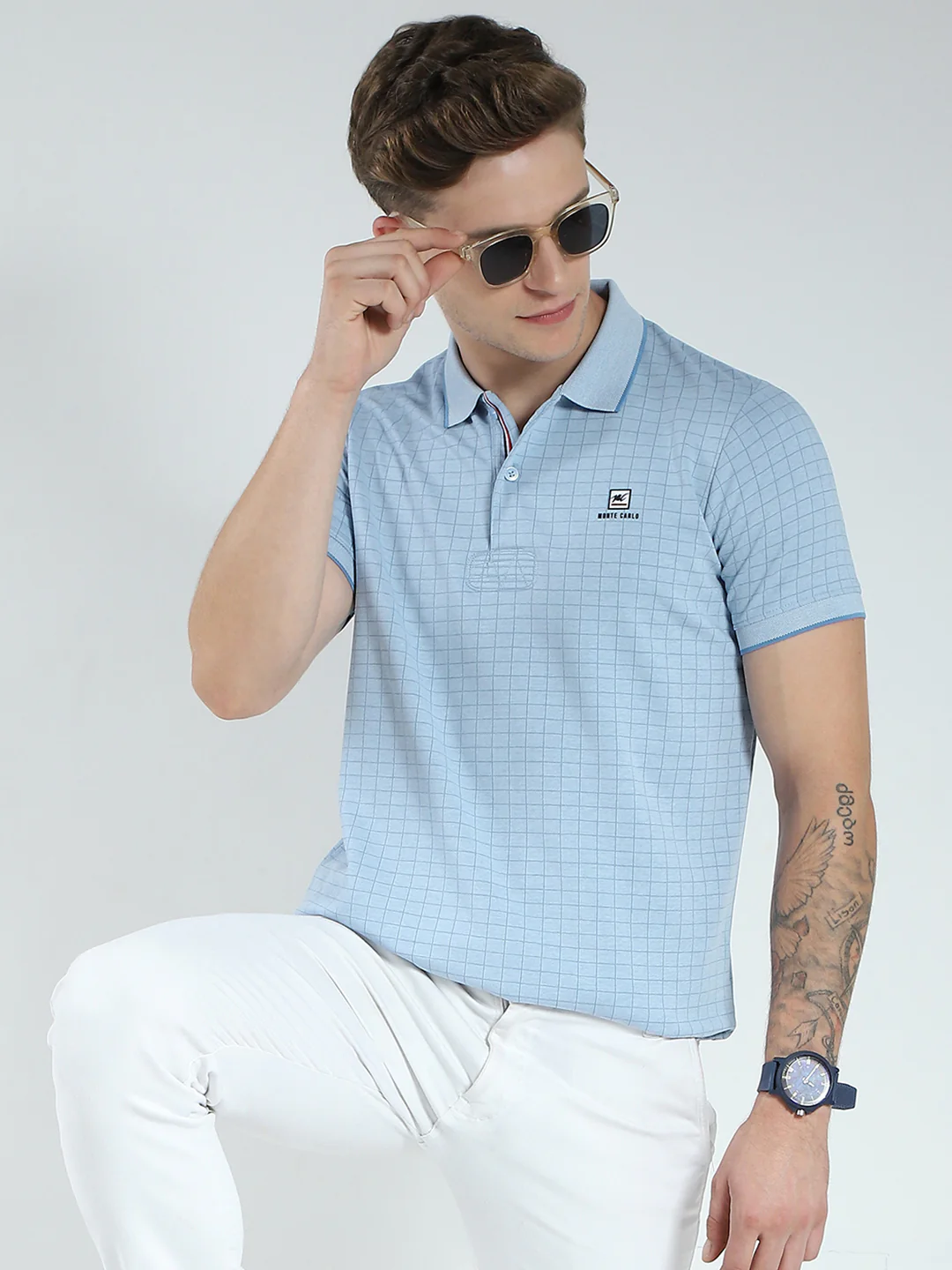 Men Blue Stripe Collar Half Sleeve T-Shirt - Image 6