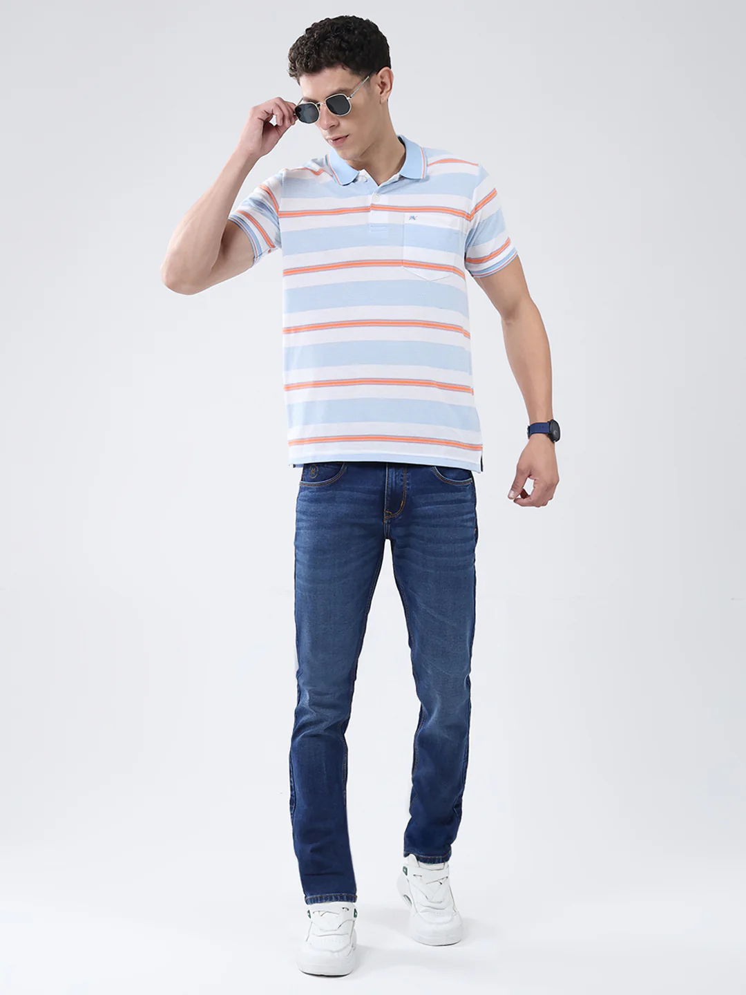 Men Blue Stripe Collar Half Sleeve T-Shirt - Image 2