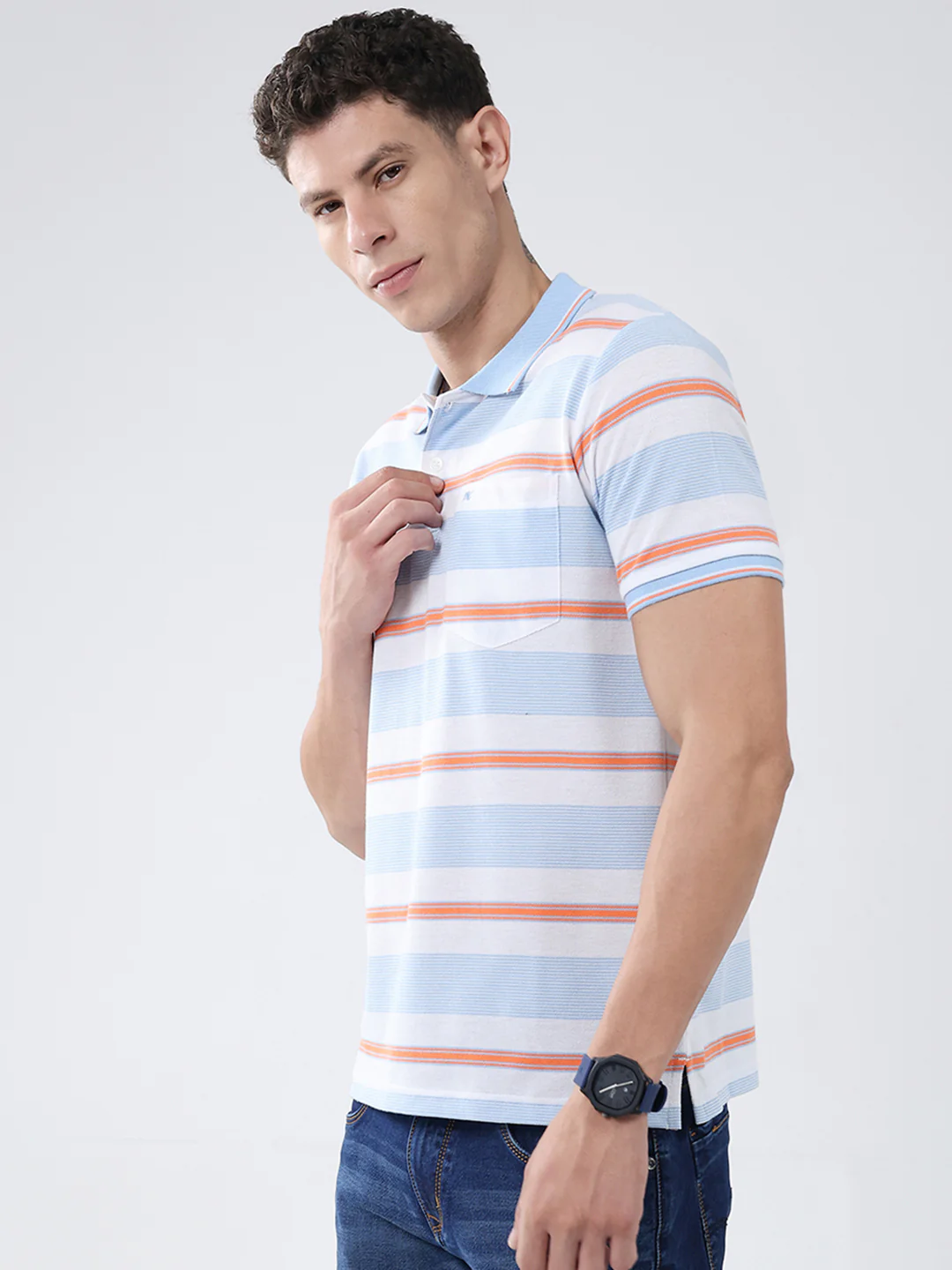 Men Blue Stripe Collar Half Sleeve T-Shirt - Image 3