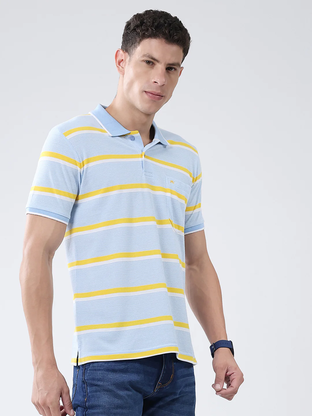 Men Blue Stripe Collar Half Sleeve T-Shirt - Image 4