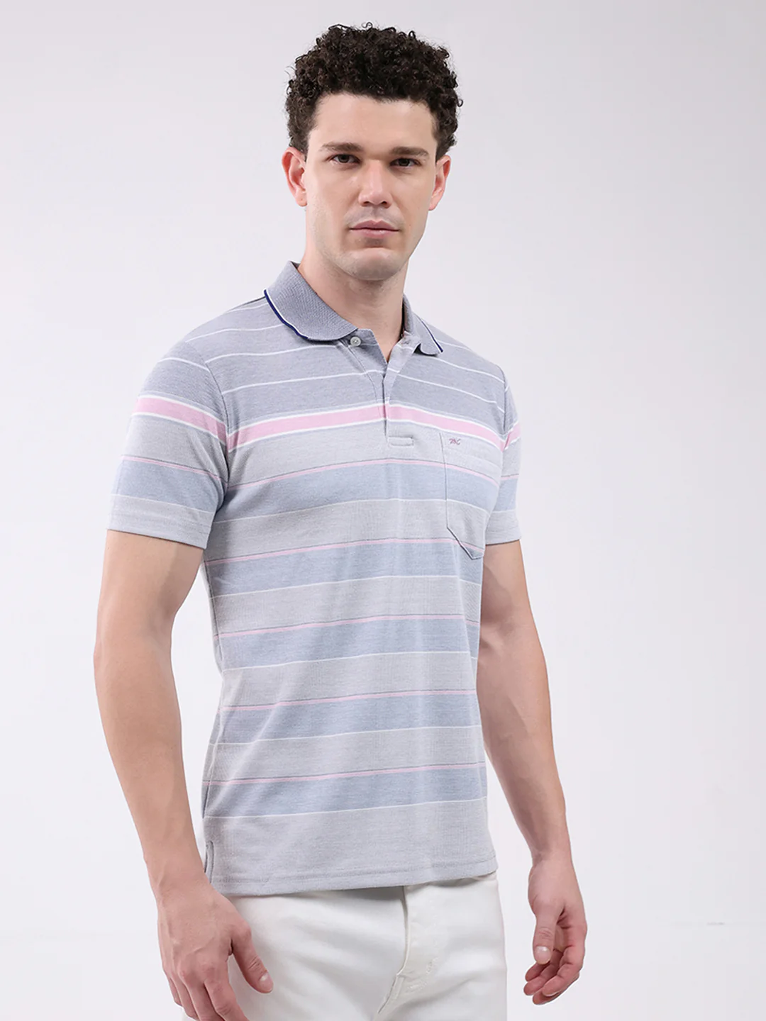 Men Blue Stripe Collar Half Sleeve T-Shirt - Image 4