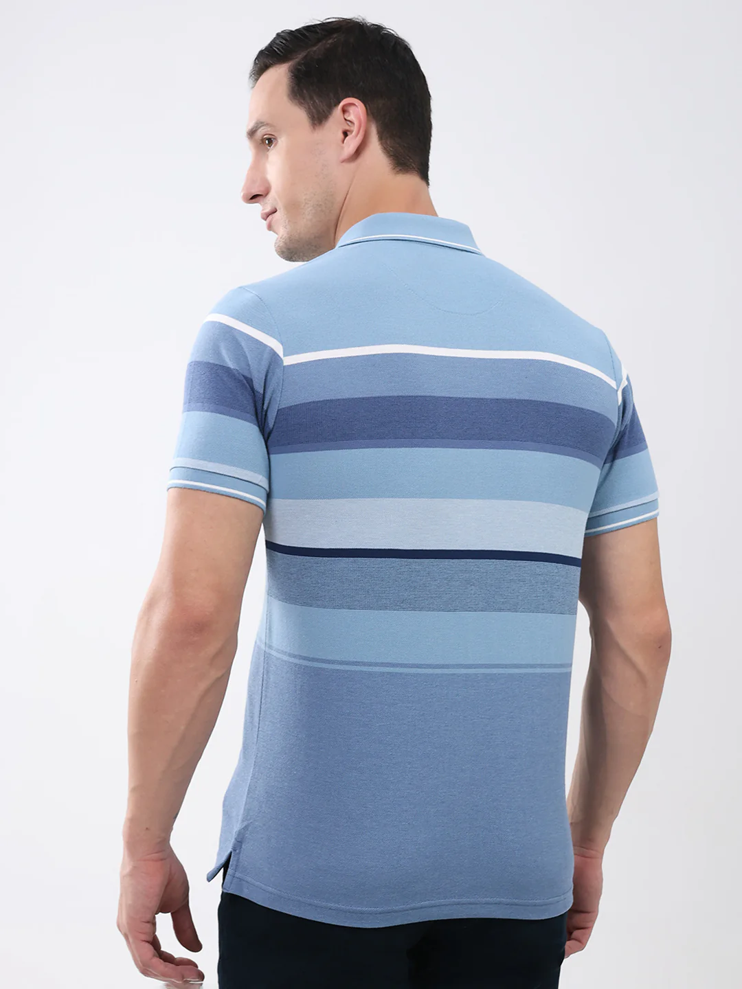 Men Blue Stripe Collar Half Sleeve T-Shirt - Image 5