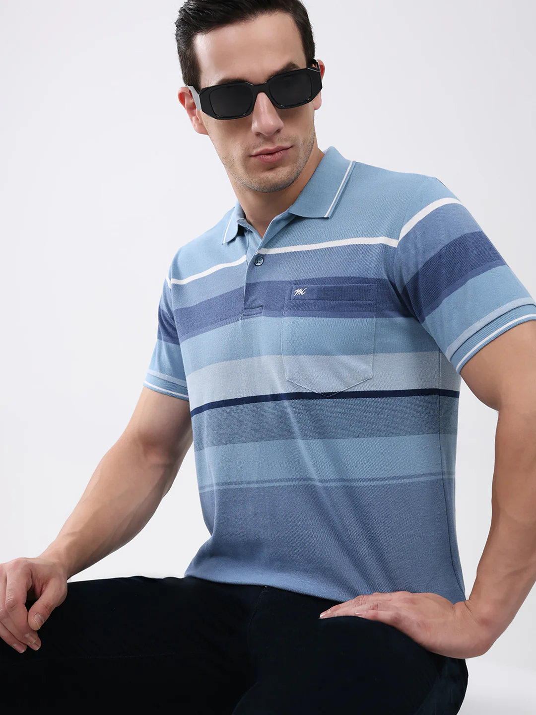 Men Blue Stripe Collar Half Sleeve T-Shirt - Image 6