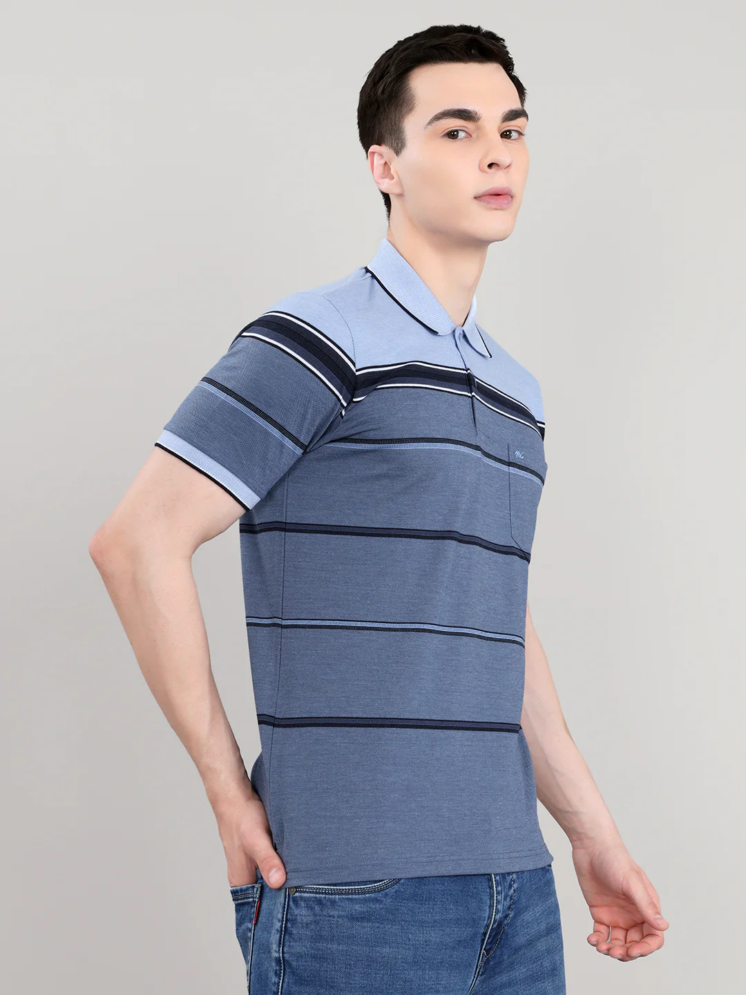 Men Blue Stripe Collar Half Sleeve T-Shirt - Image 3