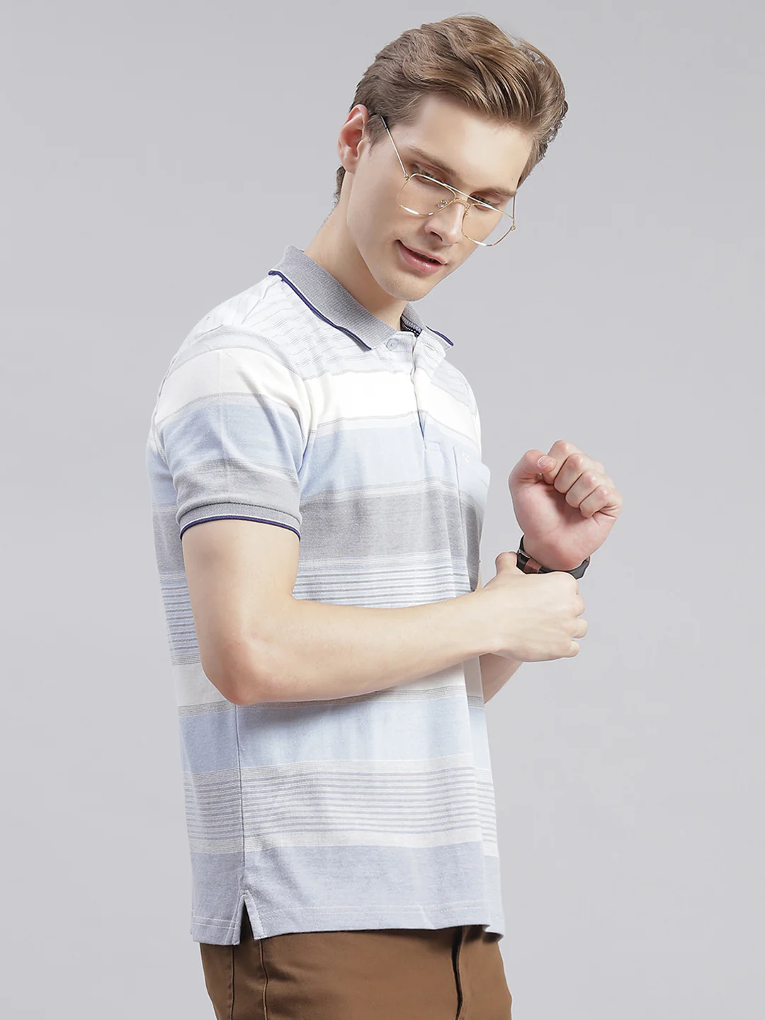 Men Blue Stripe Collar Half Sleeve T-Shirts - Image 4