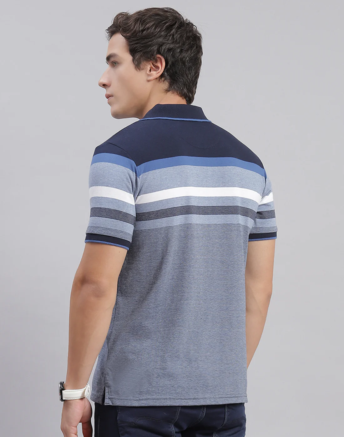 Men Blue Stripe Collar Half Sleeve T-Shirts - Image 5