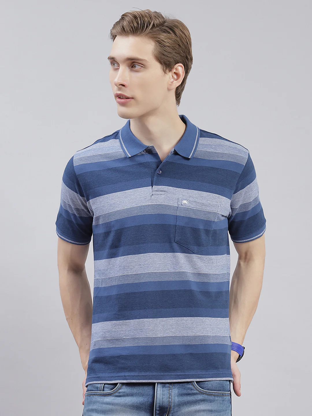Men Blue Stripe Collar Half Sleeve T-Shirts - Image 3