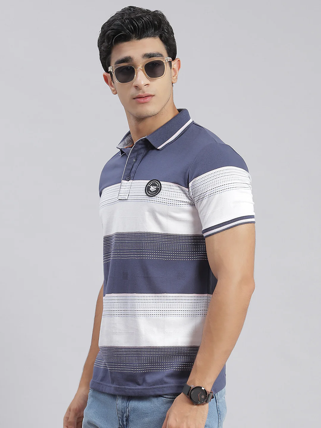 Men Blue Stripe Collar Half Sleeve T-Shirts - Image 3