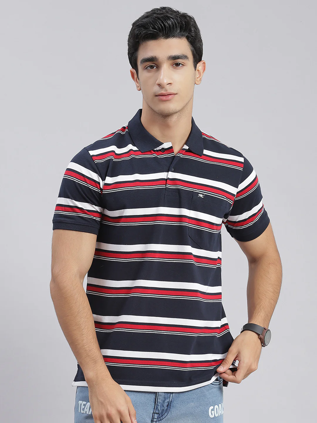 Men Blue Stripe Collar Half Sleeve T-Shirts - Image 2