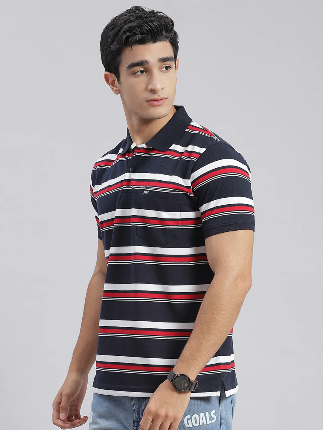 Men Blue Stripe Collar Half Sleeve T-Shirts - Image 3