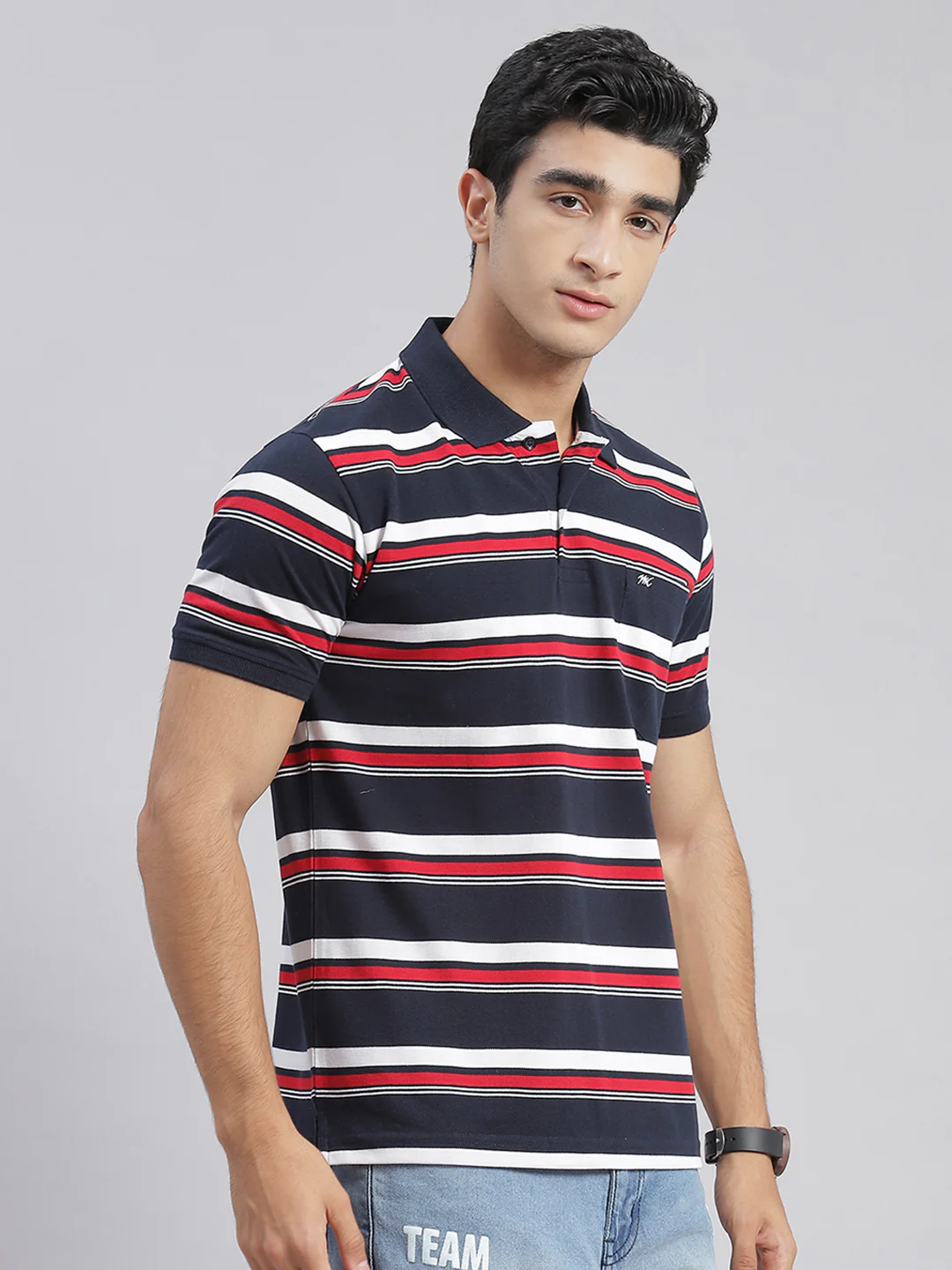 Men Blue Stripe Collar Half Sleeve T-Shirts - Image 4