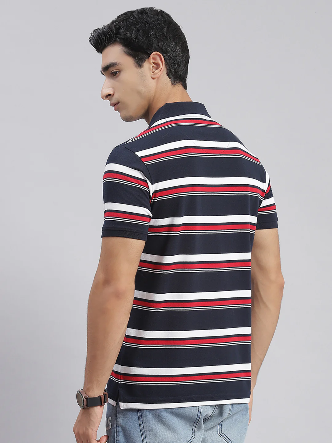 Men Blue Stripe Collar Half Sleeve T-Shirts - Image 5