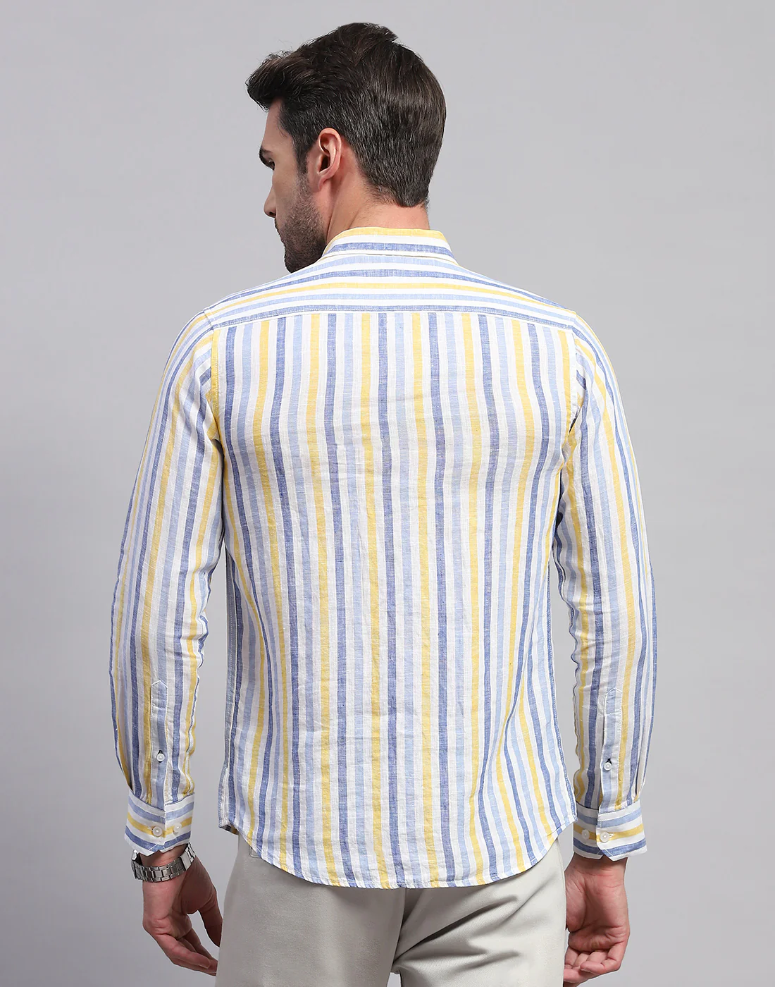 Men Blue Stripe Collar Neck Full Sleeve Linen Shirt - Image 5