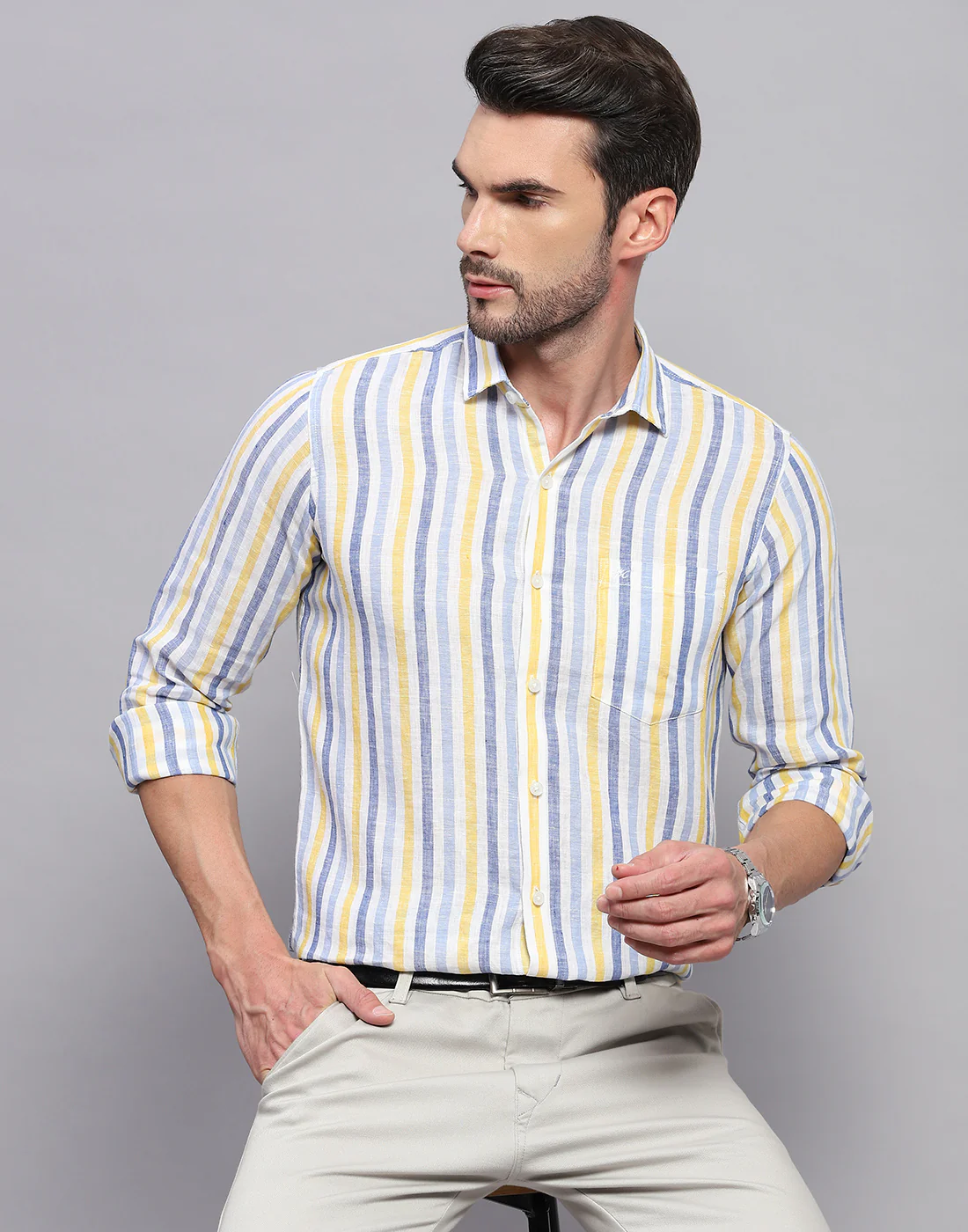 Men Blue Stripe Collar Neck Full Sleeve Linen Shirt - Image 6