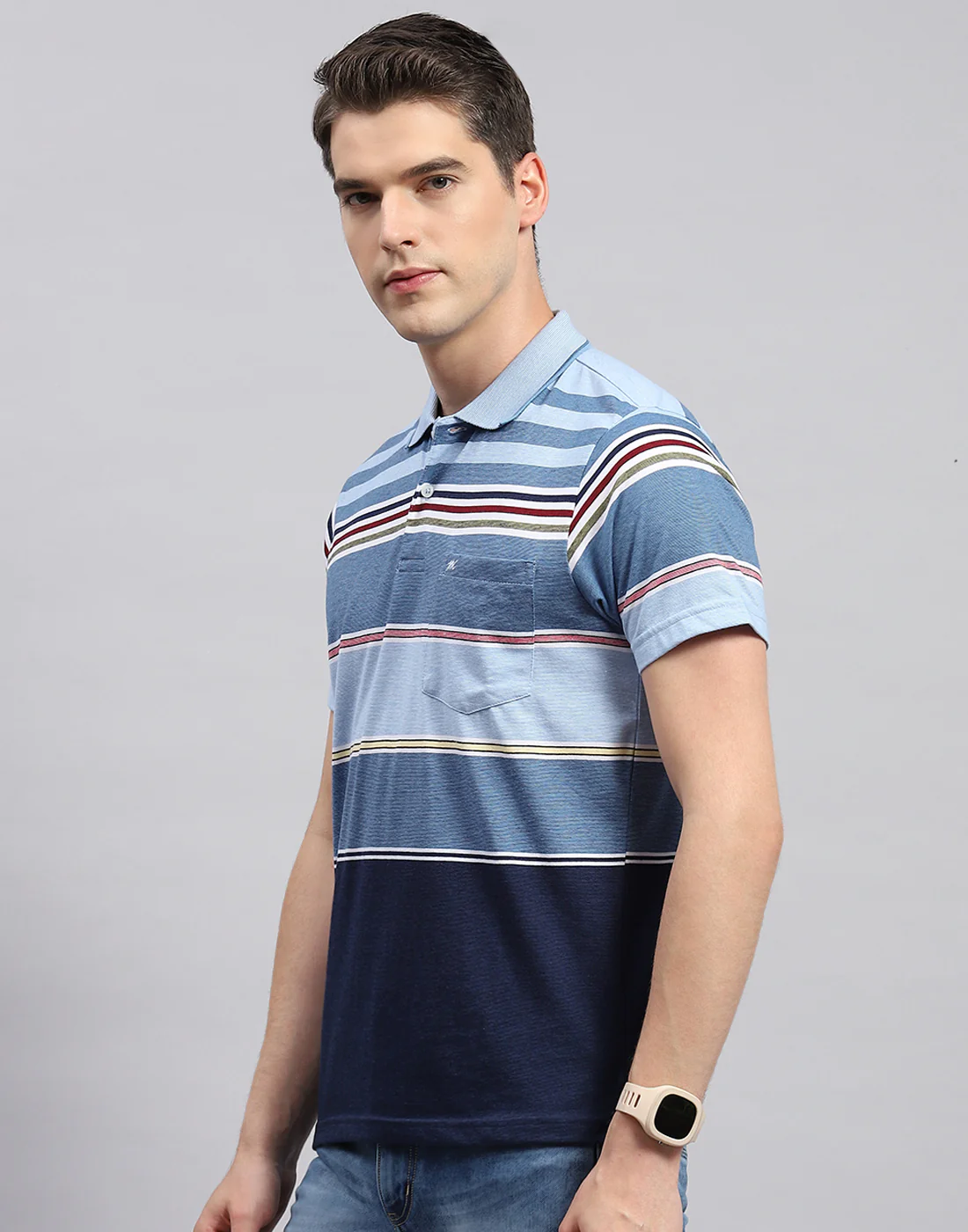 Men Blue Stripe Collar Neck Half Sleeve T-Shirt - Image 3