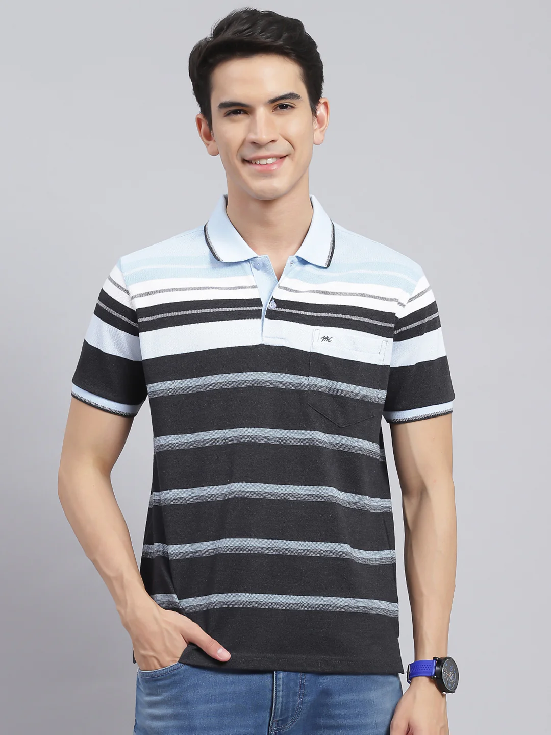 Men Blue Stripe Cotton Blend T-Shirt - Image 2