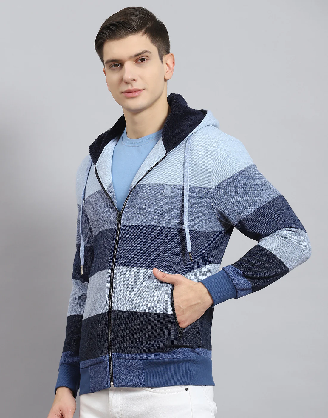 Men Blue Stripe Hooded Full Sleeve Sweatshirt - Image 4