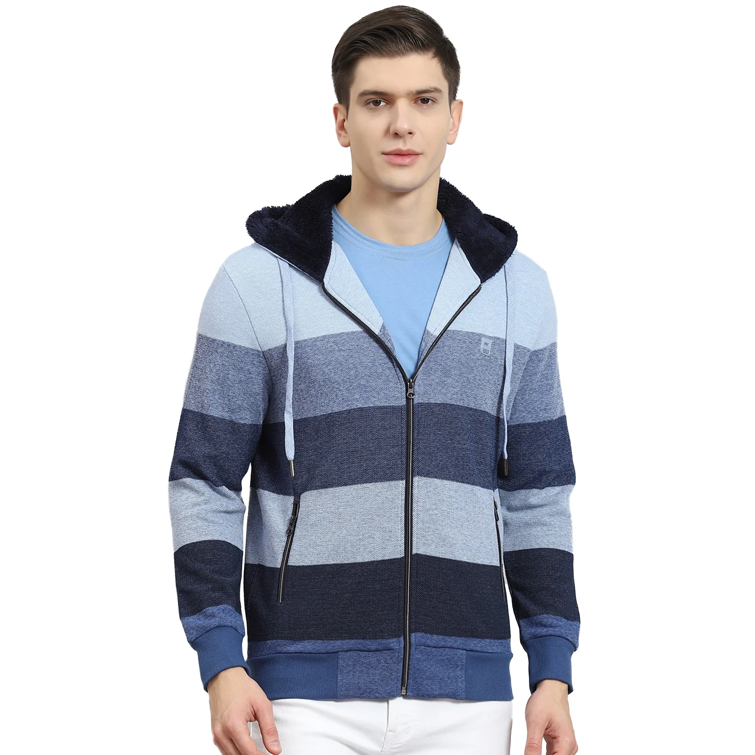 Men Blue Stripe Hooded Full Sleeve Sweatshirt - Image 5