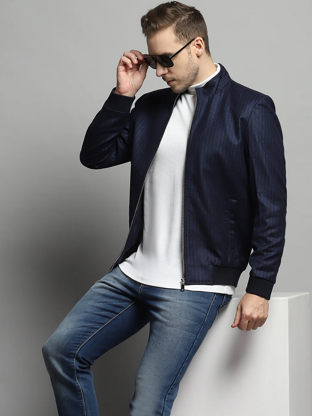 Luxuria Men Blue Stripe Mock Neck Full Sleeve Coat - Image 7