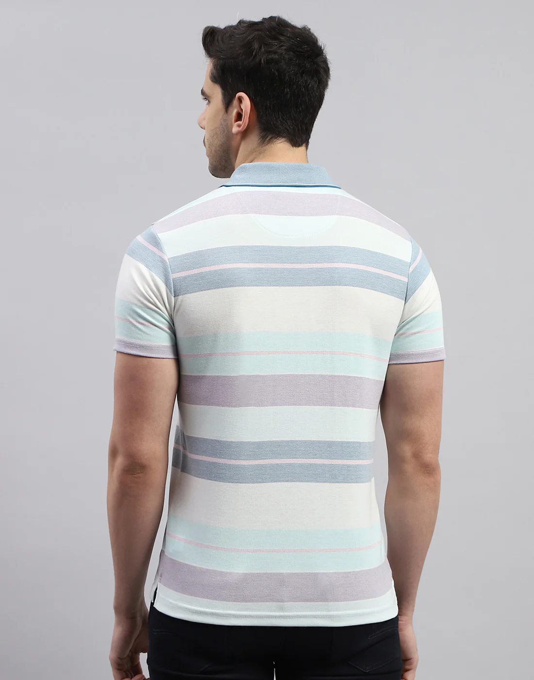 Men Blue Stripe Polo Collar Half Sleeve T-Shirt - Image 5