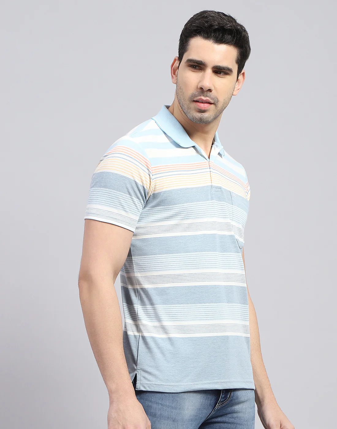 Men Blue Stripe Polo Collar Half Sleeve T-Shirt - Image 5