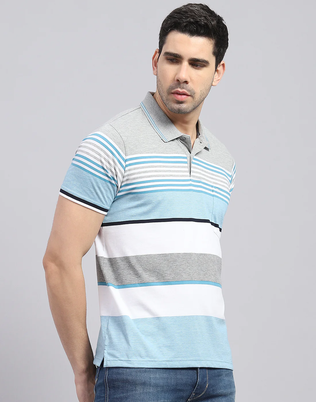 Men Blue Stripe Polo Collar Half Sleeve T-Shirt - Image 4