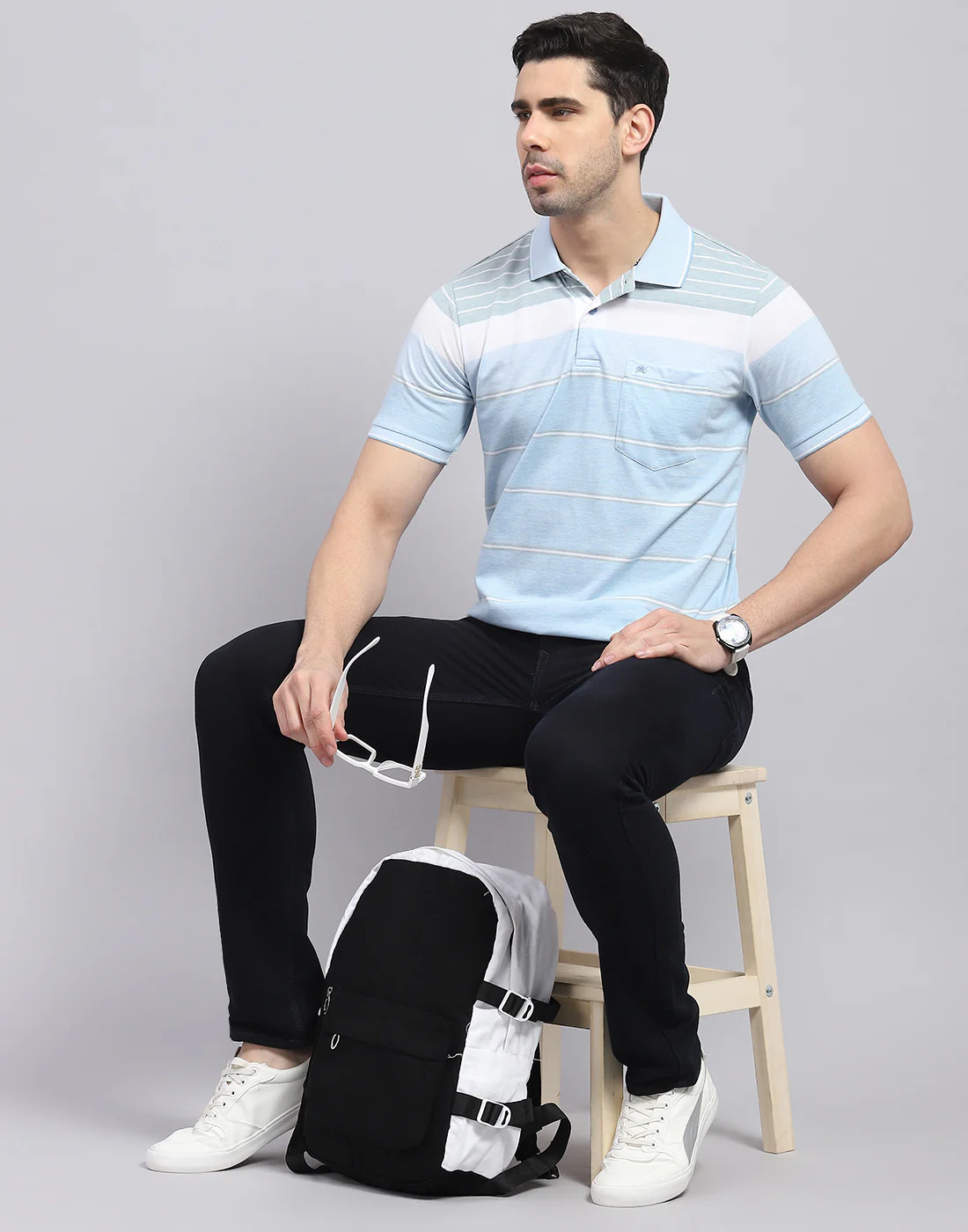 Men Blue Stripe Polo Collar Half Sleeve T-Shirt - Image 2