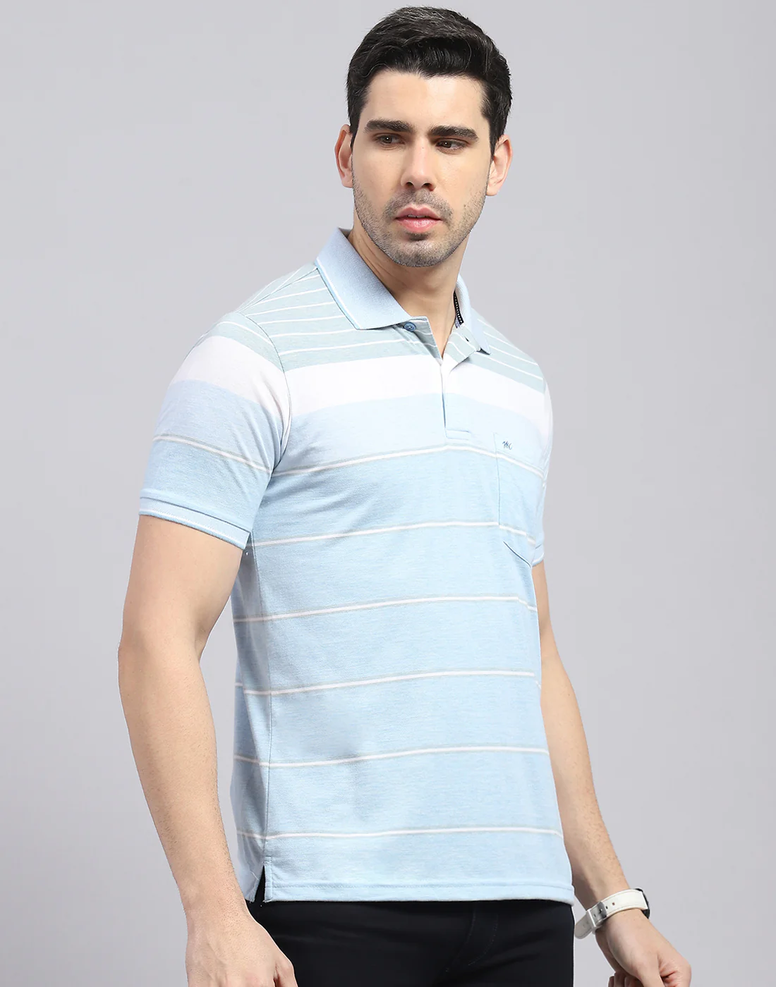 Men Blue Stripe Polo Collar Half Sleeve T-Shirt - Image 5