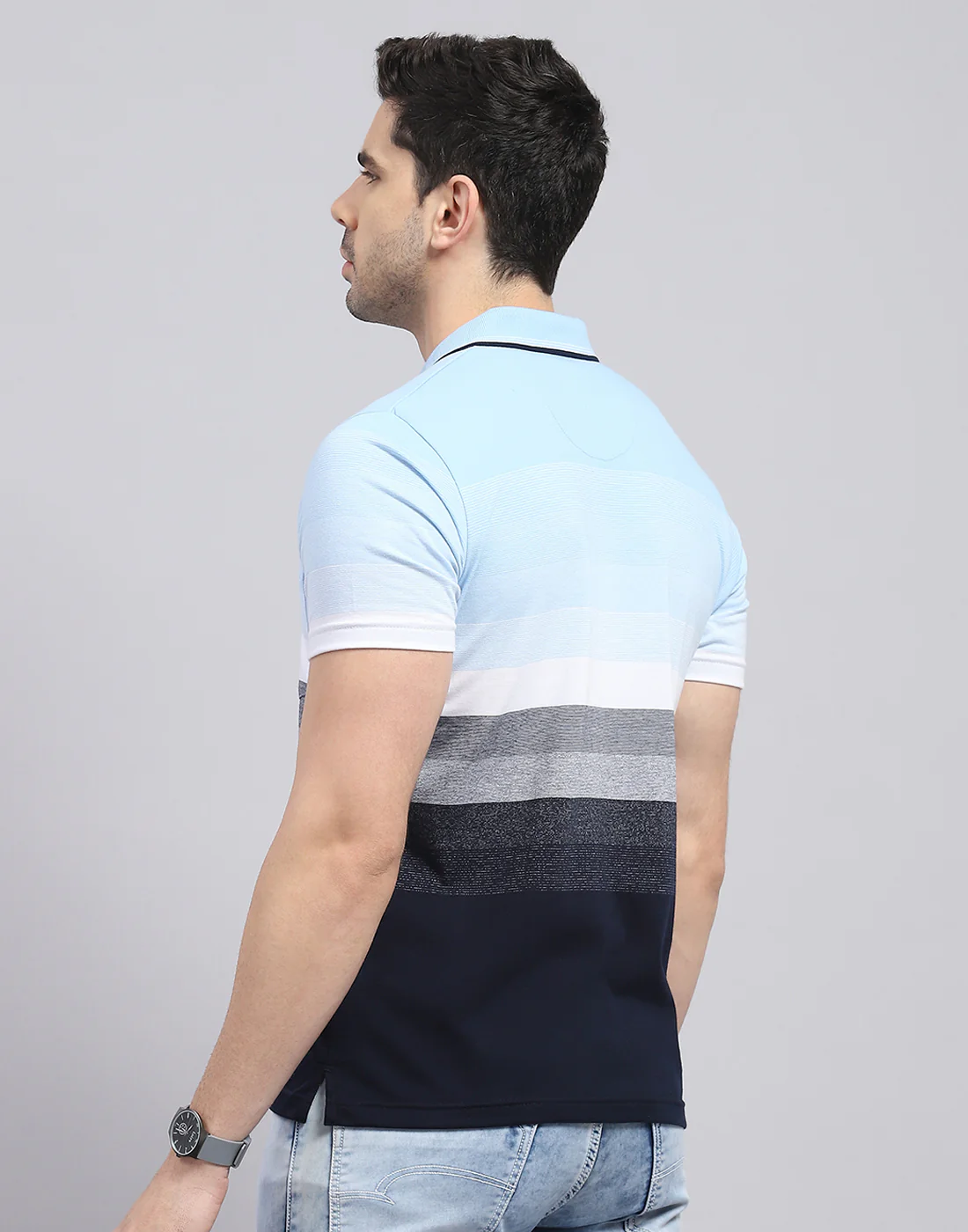 Men Blue Stripe Polo Collar Half Sleeve T-Shirt - Image 5
