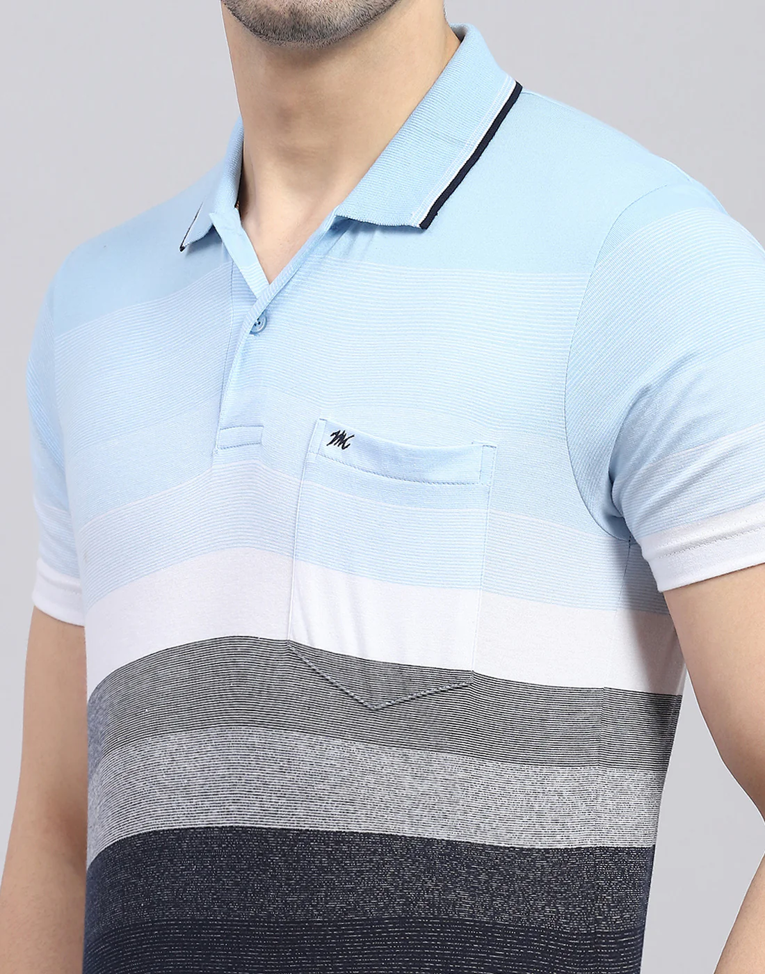 Men Blue Stripe Polo Collar Half Sleeve T-Shirt - Image 6