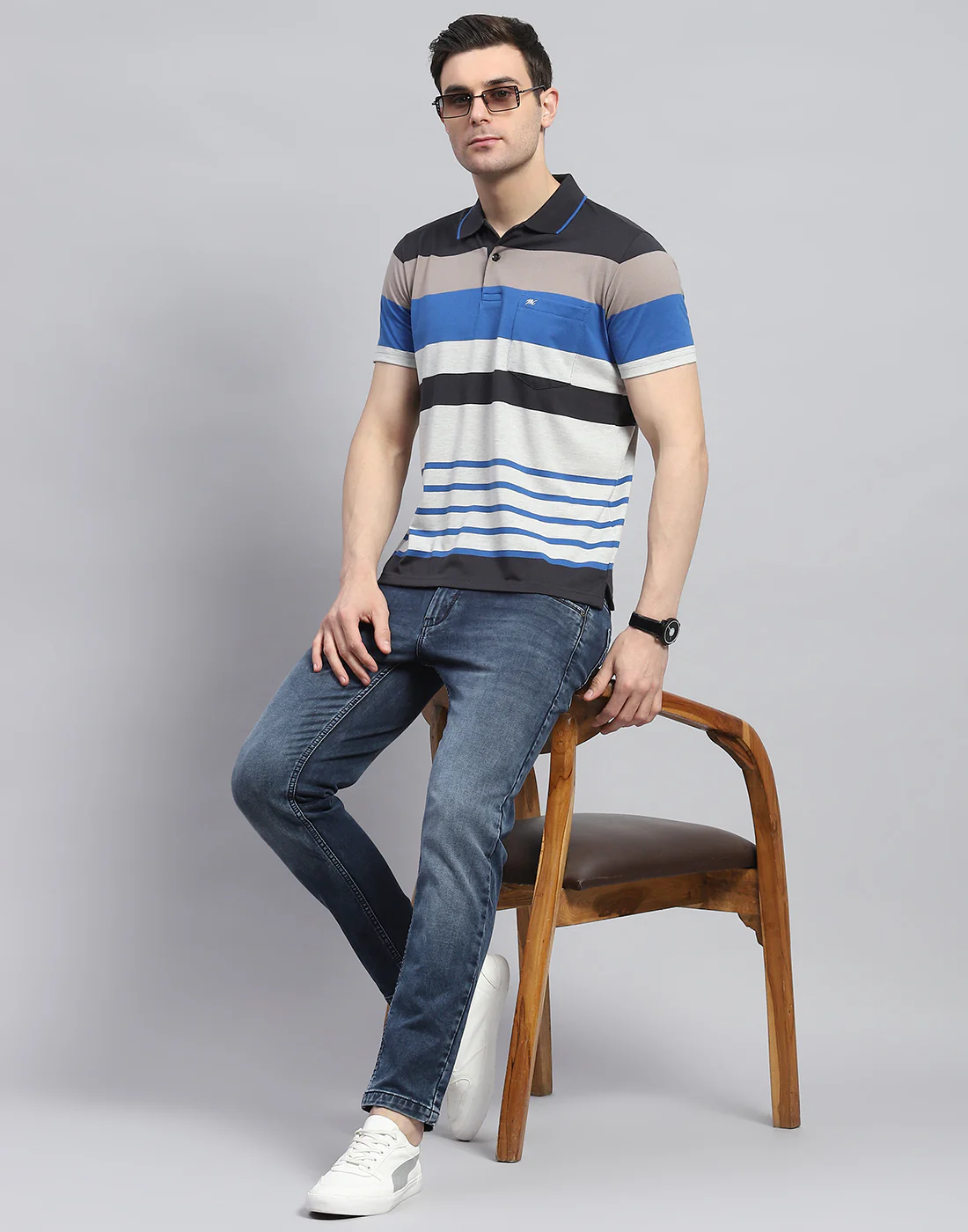 Men Blue Stripe Polo Collar Half Sleeve T-Shirt - Image 2