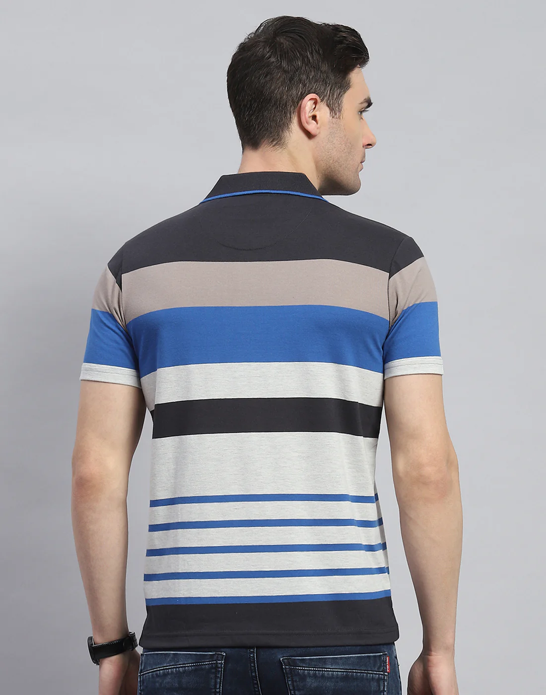Men Blue Stripe Polo Collar Half Sleeve T-Shirt - Image 5