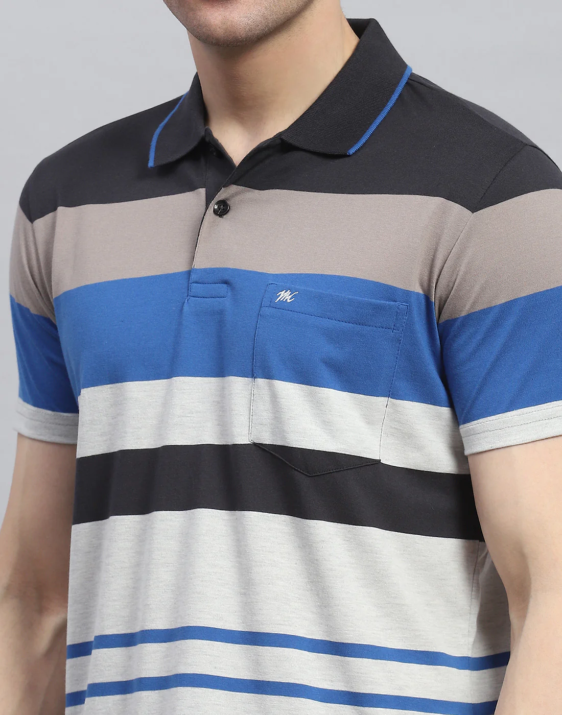 Men Blue Stripe Polo Collar Half Sleeve T-Shirt - Image 6