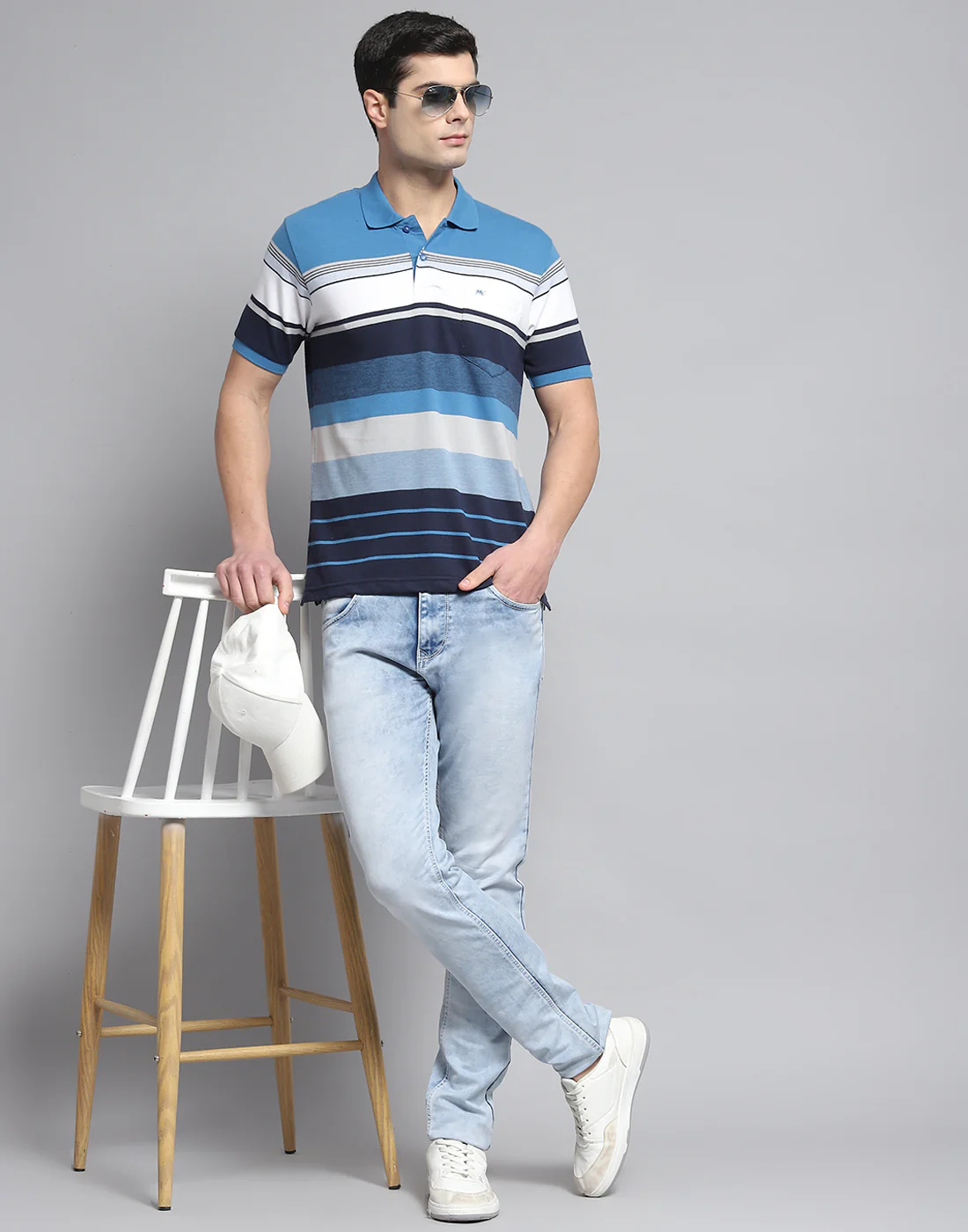 Men Blue Stripe Polo Collar Half Sleeve T-Shirt - Image 2