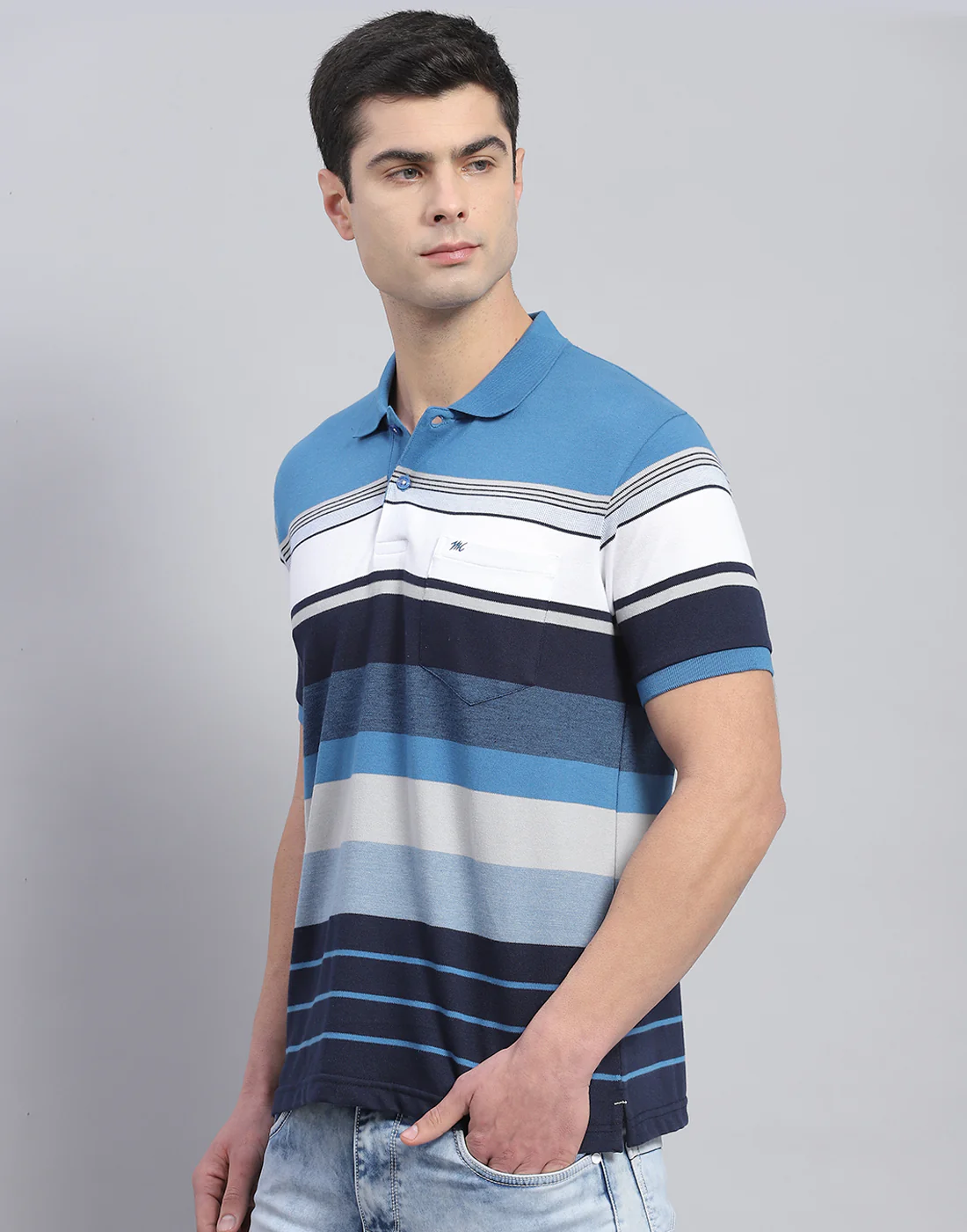 Men Blue Stripe Polo Collar Half Sleeve T-Shirt - Image 4